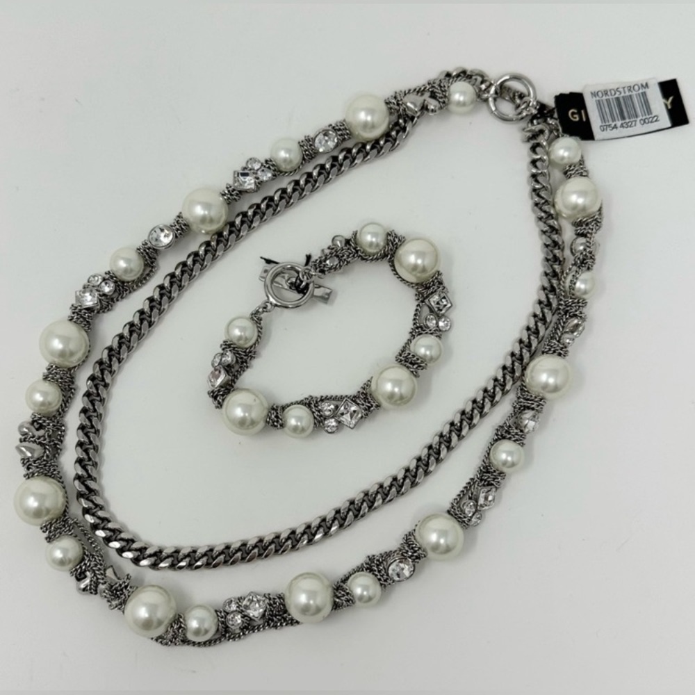 GIVENCHY Double Strand Faux Pearl & Rhinestone Chain Necklace/Bracelet Set, NWT - Picture 6 of 7